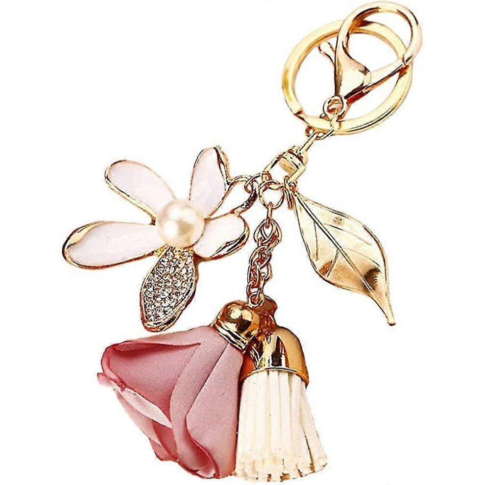 Konhill (As Show, One Size) Flower Keychain Rhinestone Tassel Leaf Key Ring Women Wallet Bag Pendant Charms