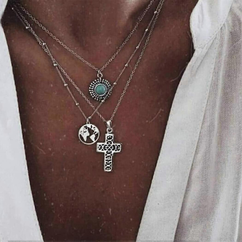 Konhill (As Show, One Size) Htooo Layered Turquoise Necklace Silver Cross Necklaces Adjustable Chain Jewelry For Women(A-Silver) Green,Silver