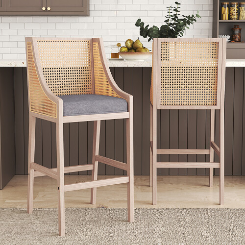 Living And Home (Grey) 2 Pcs Natural Rattan Bar Stools with Backrest 2
