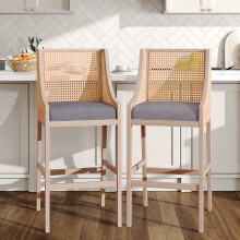 (Grey) 2 Pcs Natural Rattan Bar Stools with Backrest