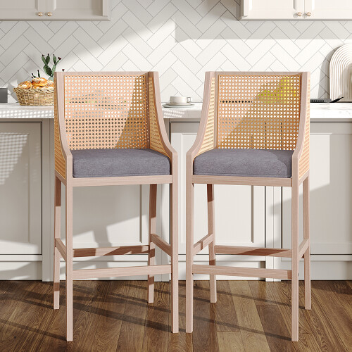 Living And Home (Grey) 2 Pcs Natural Rattan Bar Stools with Backrest