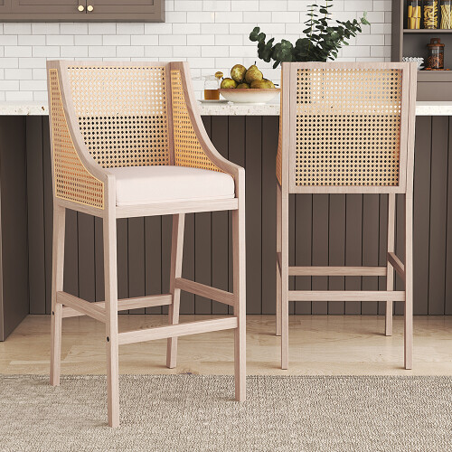 Living And Home (Beige) 2 Pcs Natural Rattan Bar Stools with Backrest 2
