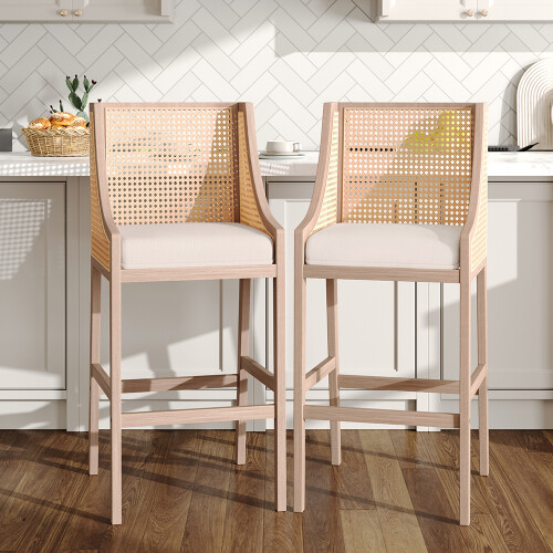 Living And Home (Beige) 2 Pcs Natural Rattan Bar Stools with Backrest
