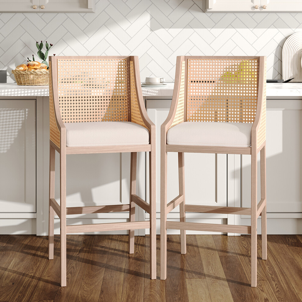 (Beige) 2 Pcs Natural Rattan Bar Stools with Backrest