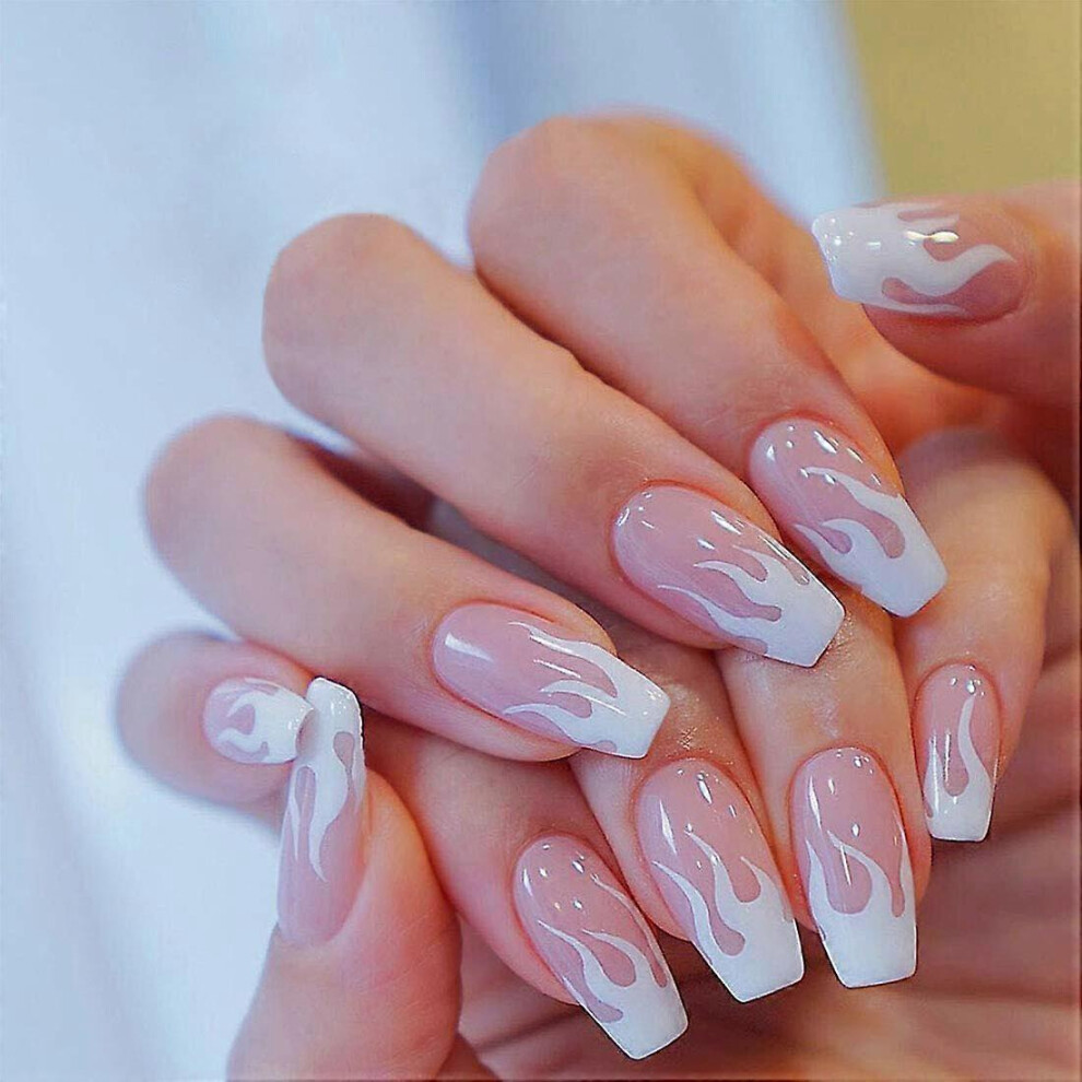 Konhill (As Show, One Size) 24Pcs Medium Coffin Fake Nails Pink White Flame False Nails Glossy Ballerina Press On Nails For Women And Girls.note:no Glue. Pink,White