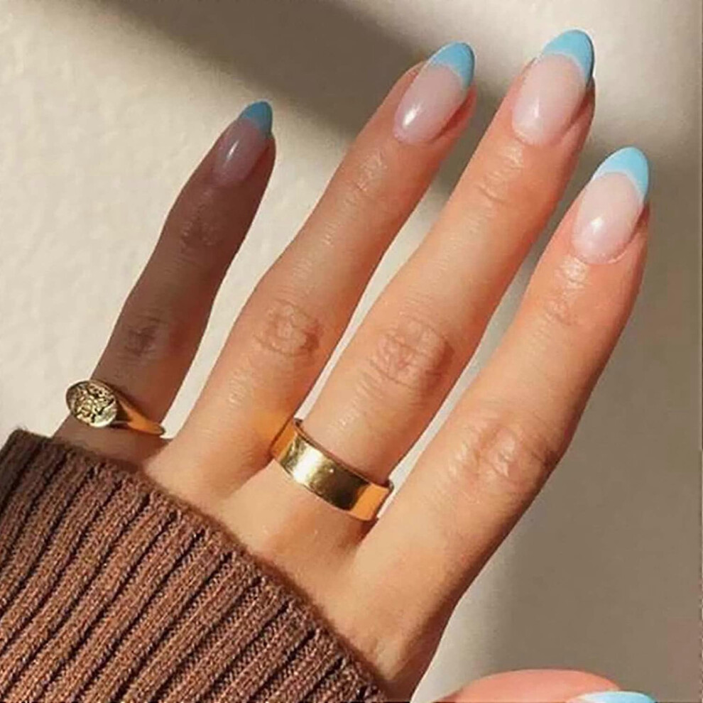 Konhill (As Show, One Size) Short Press On Nails French Oval Fake Nails Tips Acrylic Full Cover Blue False Nails For Women And Girls24pcs.note:no Glue.