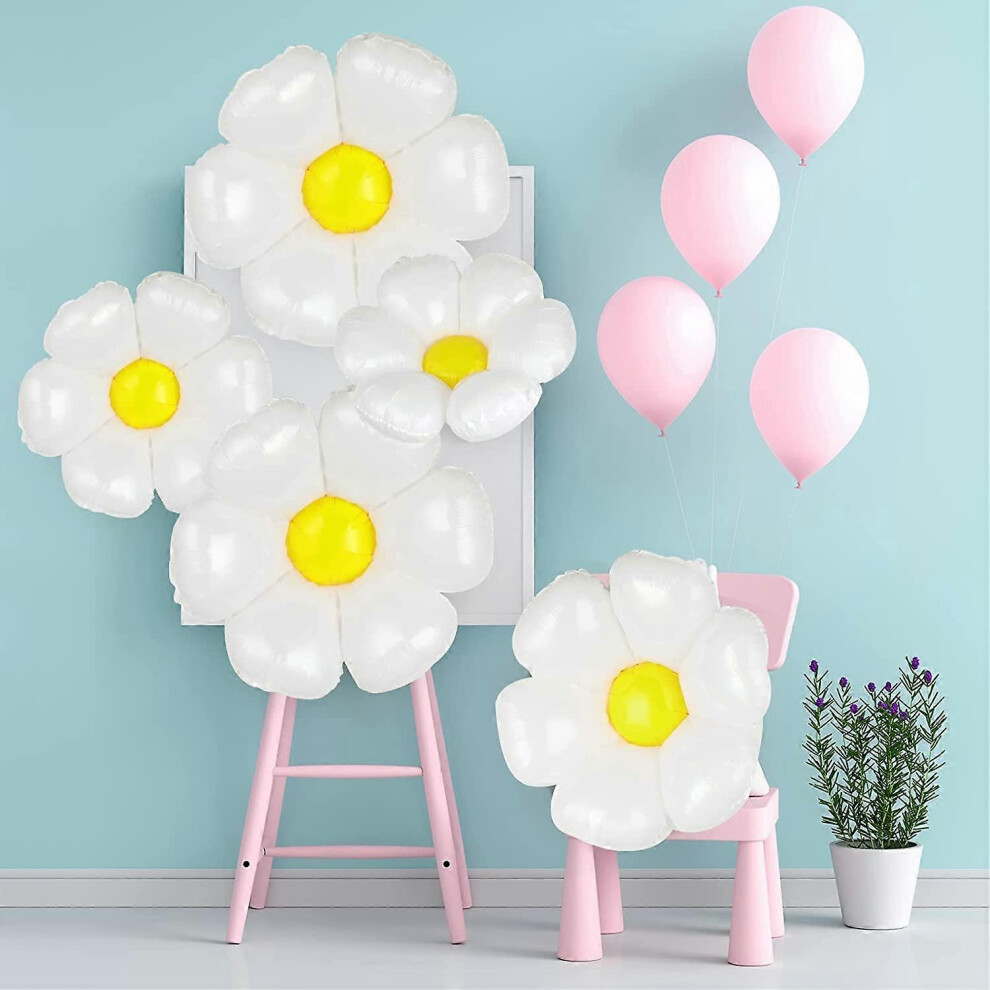 Konhill (As Show, One Size) 8 Pieces Daisy Balloons Large Daisy Foil Mylar Balloons Flower Party Decorations Balloons For Daisy Theme Girls Birthd White
