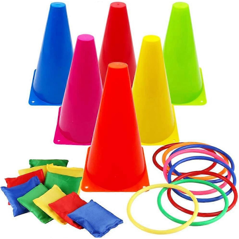 Konhill (As Show, One Size) 3 In 1 Carnival Games Set, Soft Plastic Cones Cornhole Bean Bags Ring Toss Games For Carnival Kids Birthday Party Indoor Outdoor G