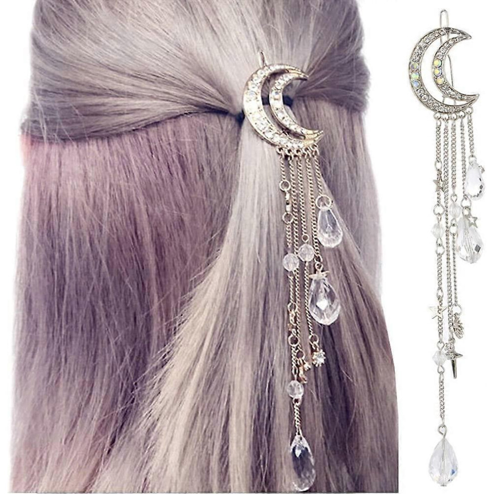 Konhill (As Show, One Size) Silver Moon Rhinestone Tassel With Crystal Charms Hair Clip Pin Hair Chain Jewelry Hair Accessories (Silver Moon Tassel)