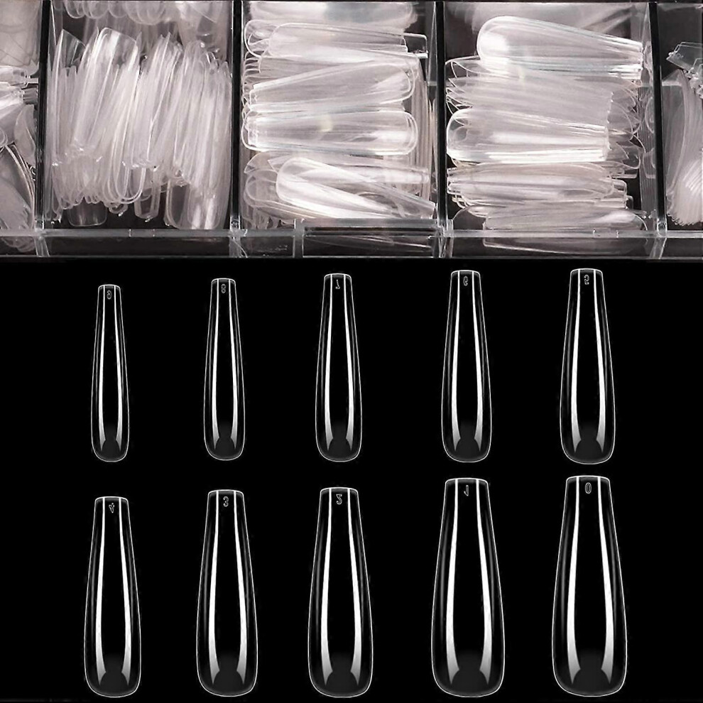 Konhill (As Show, One Size) Coffin Nails Long Fake Nails - Clear Acrylic Nails Coffin Shaped Ballerina Nails Tips 500Pcs Full Cover False Nail Artificial Nail