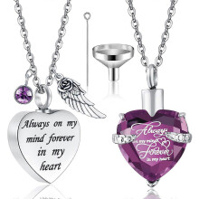 (As show, One size) 2 Pieces Cremation Urn Necklace Heart Ashes Necklace Carved Locket Stainless Steel Waterproof Memorial Pendant with Angel Wing Birthstone and Filling