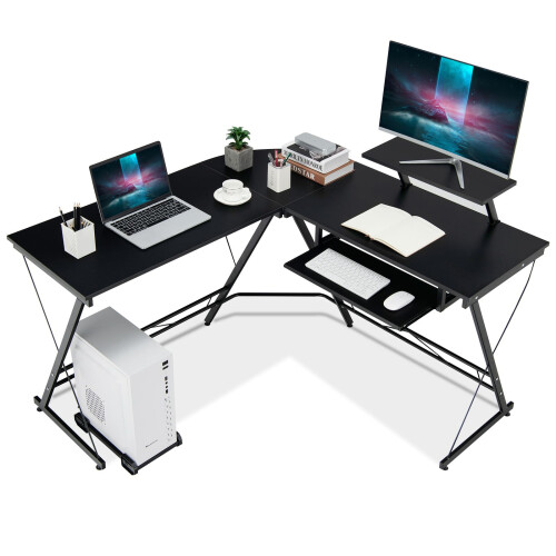Costway L-Shaped Computer Desk Home Office Corner Workstation w/ Movable Host Stand