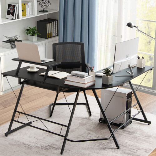 Costway L-Shaped Computer Desk Home Office Corner Workstation w/ Movable Host Stand 2