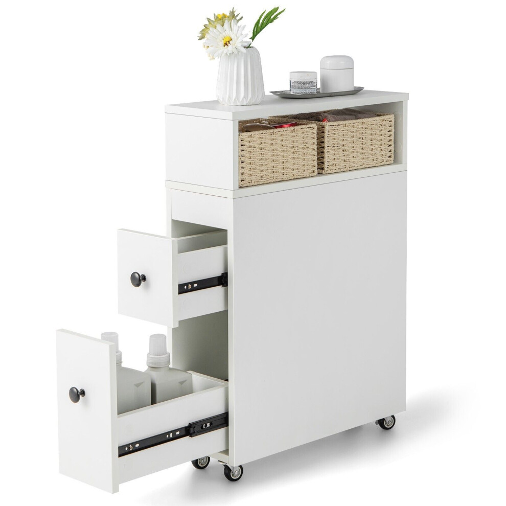 Slim Bathroom Storage Cabinet Narrow Rolling Storage Organizer  w/ 2 Drawers