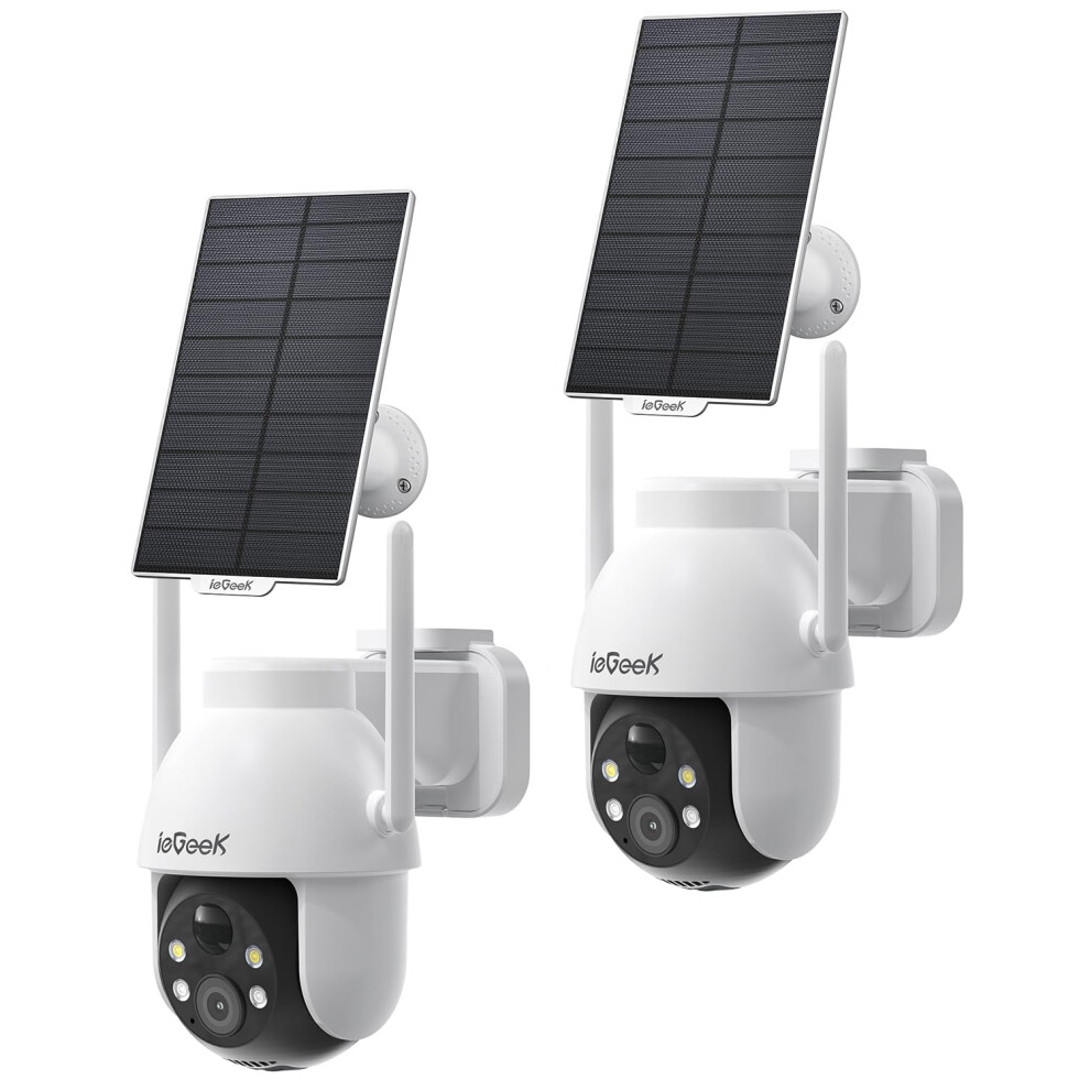 Iegeek 2K Solar Security Camera Outdoor Wireless(2Pcs), 360? Pan Battery Camera With Solar Panel, Wifi Cctv Camera Systems, Color Night Vision, Pir