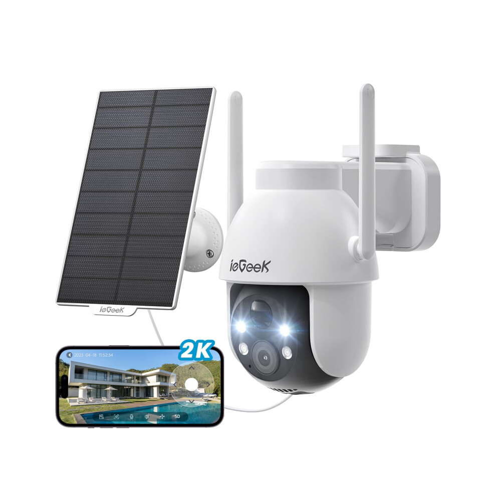 Iegeek 2K Solar Security Camera Outdoor Wireless, 360? Pan Battery Camera With Solar Panel, Wifi Cctv Camera Systems, Color Night Vision, Pir Motion 734931729562