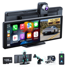 Wireless Car Stereo, 10.26 Inch Portable Car Audio,Carplay Screen with 4K Front + Rear 1080P Dual Camera Dash Cam?Wireless Car Play with Mirror