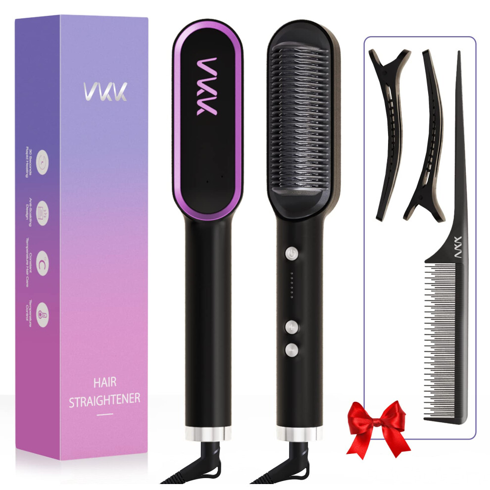 Vkk Hair Straightener Brush, Hair Straightener Comb With 25S Fast Heating Ceramic Ptc, 5 Temp Settings & Anti-Scald, Straightening Brush For Women,