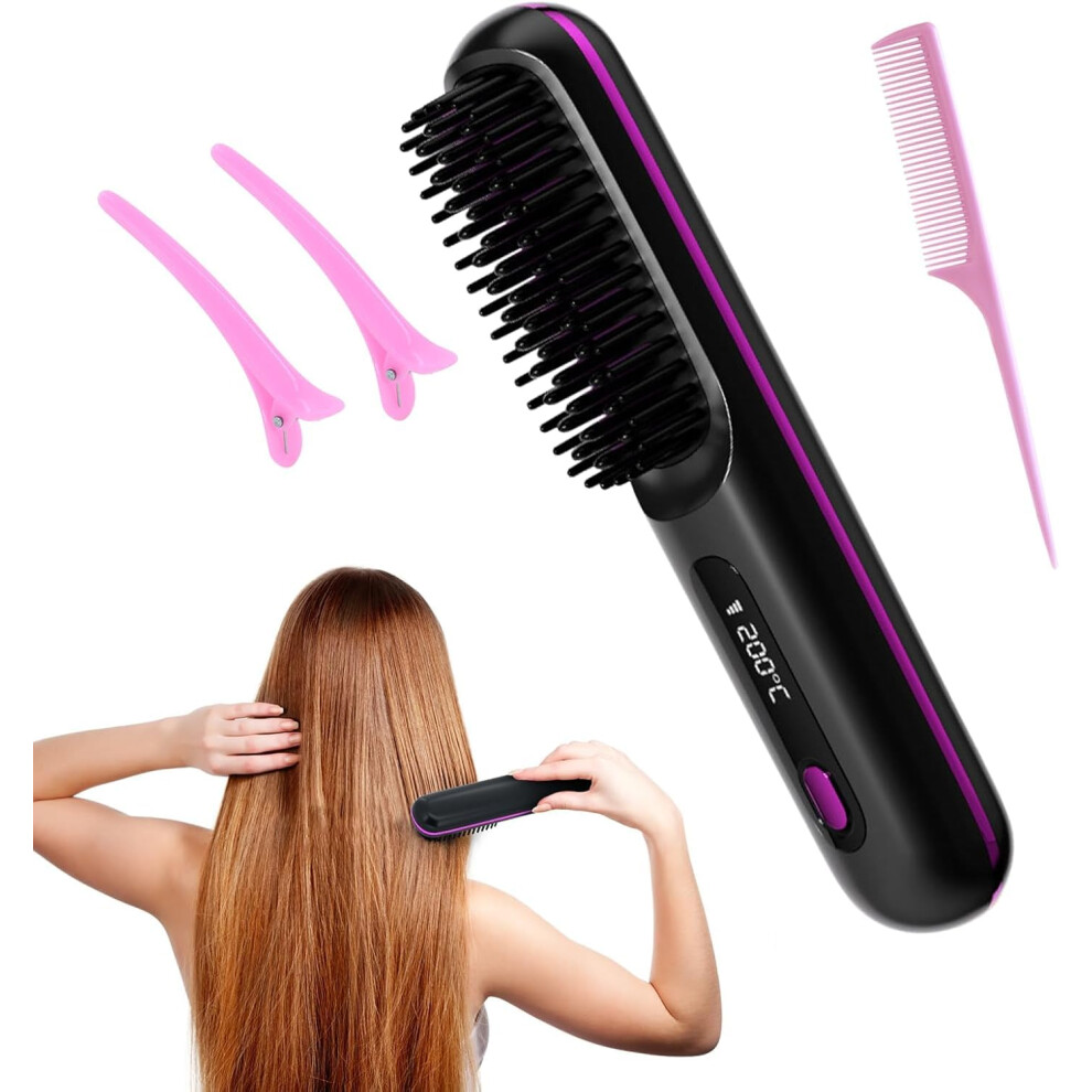 Comblu Cordless Hair Straightener Brush, Portable Hair Straightener Comb Rapid Heating, Type-C Rechargeable Travel Hair Straightener With 3 Temp Settings &