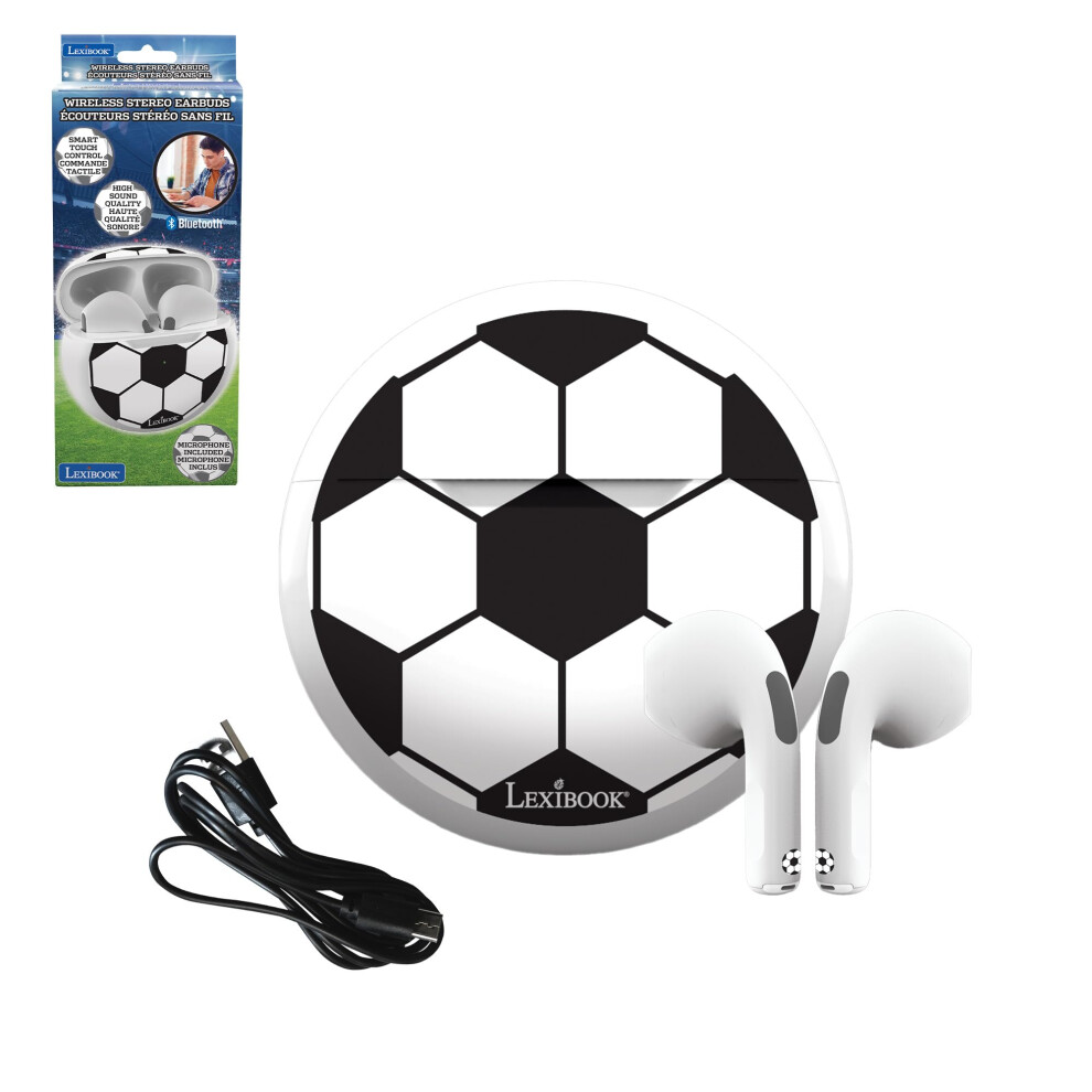 Lexibook, Football, Wireless Stereo Earbuds, Sound, Integrated Microphone, Touch Control, Charging Case, Sound Level Limited At 85 Db, Black/White 3380743105116