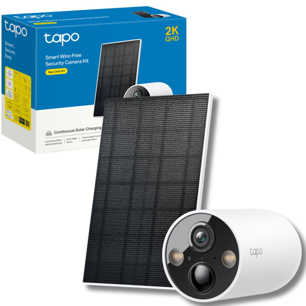 Tapo C425 KIT 2K 4MP QHD Battery Solar Security Camera Outdoor Wireless, 150? Super-wide FOV, Colour Night Vision, No Monthly Fee, AI Detection,