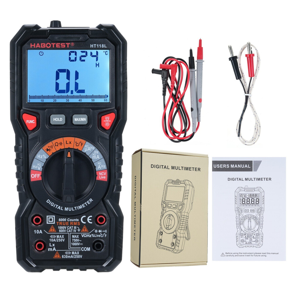 Digital Multimeter 6000 Counts True Rms Ac/Dc Current Ncv Live Wire Detection Transistor Tester Voltmeter Capacitance Meter 4006889788226