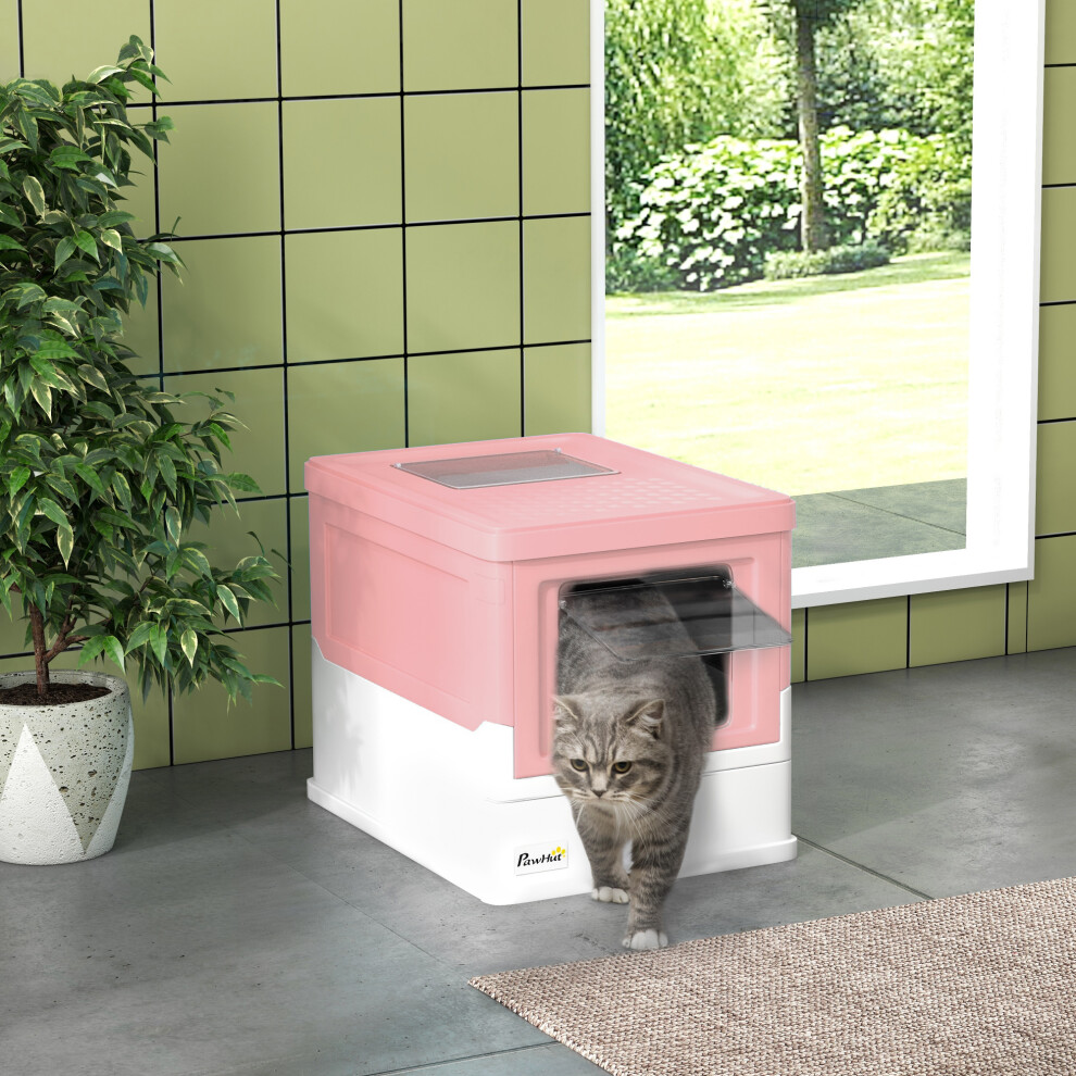 Pawhut Hooded Cat Litter Box, Pet Toilet W/ Scoop, Tray - Pink