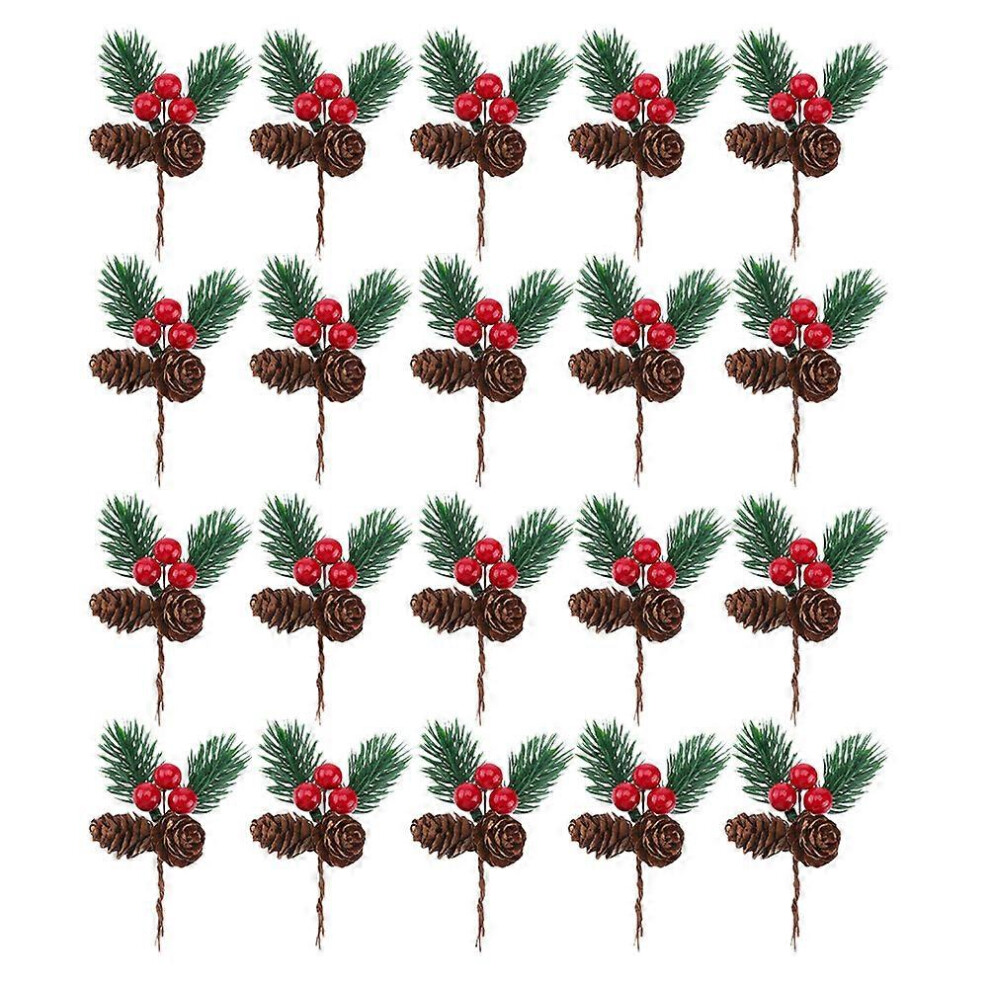 Kricely (As Show, One Size) 20Pcs Berry Pine Cones Pine Needles Stems Picks Artificial Christmas Berries Decor For Crafts