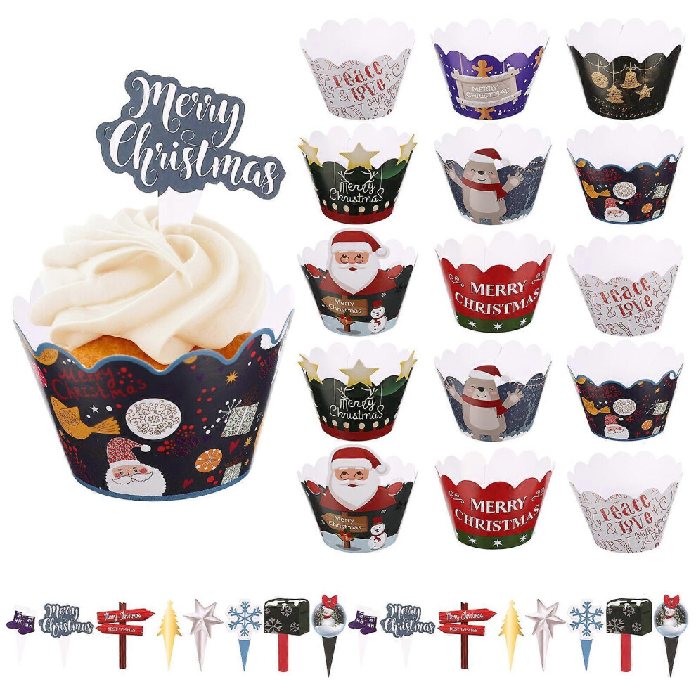 Kricely (As Show, One Size) 48Pcs Merry Christmas Party Cake Picks Cake Wrappers Cake Decorations Cake Ornaments