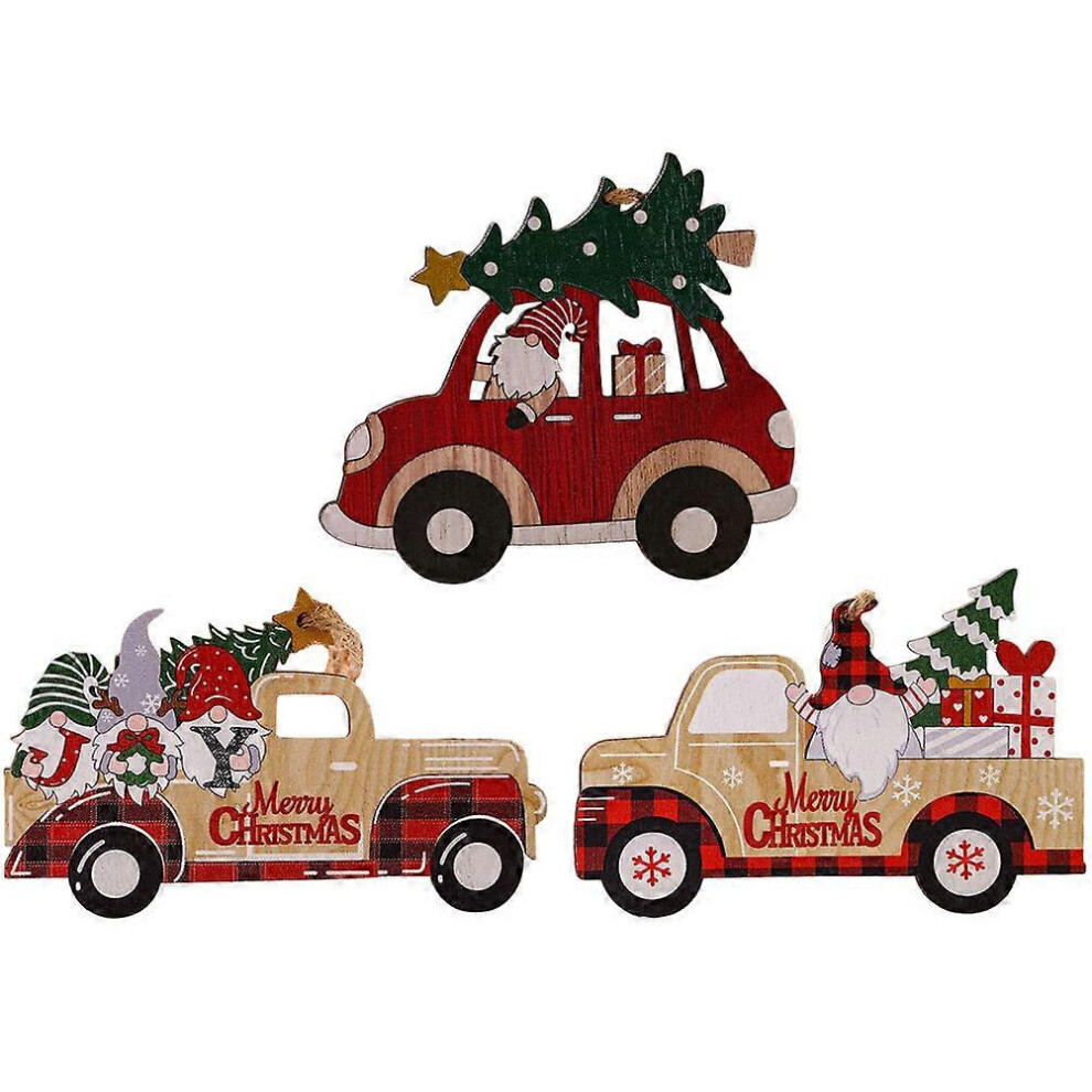 Kricely (As Show, One Size) 3Pcs Christmas Wood Pendant Christmas Ornaments Lovely Xmas Car Pendant Wooden Car Cutout