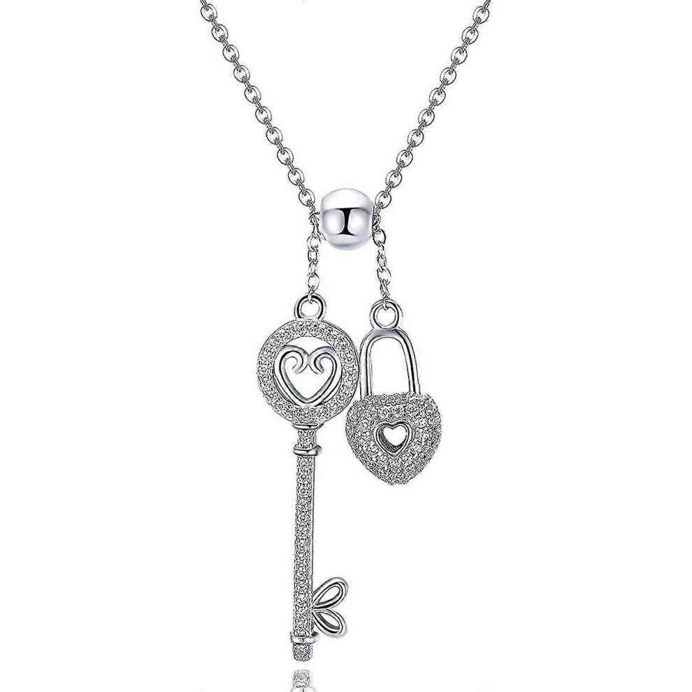 Konhill (As Show, One Size) 925 Sterling Heart Lock And Key Love Arrow Heart Pendant Necklace Cubic Silver