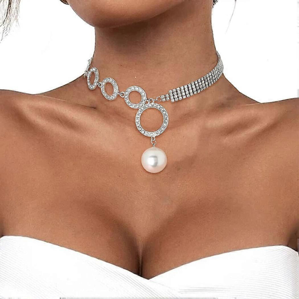 Konhill (As Show, One Size) Htooo Sparkly Rhinestone Necklace Pearl Necklace Crystal Choker Circle Necklace Trendy Tennis Chain Dainty Wedding Bridal Bridesma White