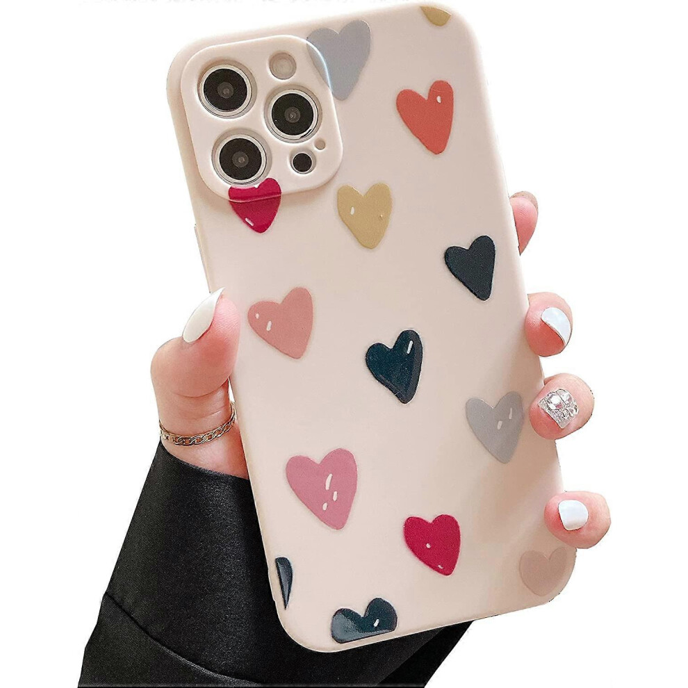 Konhill (As Show, One Size) Soft Case For Iphone 12 Pro Max, 6.7-Inch, Silicone Shockproof Protective Bumper Cute Hearts Flowers Pattern Girls Women Beige Bac