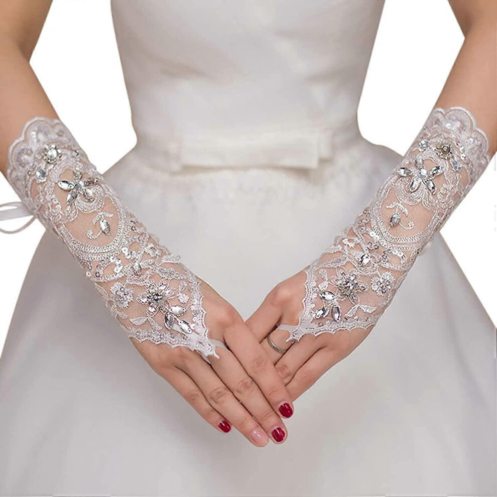 Konhill (As Show, One Size) Liangnv Lace Fingerless Rhinestone Bridal Gloves For Wedding Party #226- One Size Ivory
