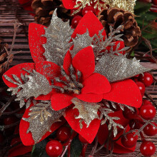 (As show, One size) Other Decoration for Christmas 10 Pcs Artificial Poinsettia Flowers Christmas Glitter Red Gold 15cm Christmas Wreath Christmas Tree Flower Ornaments H