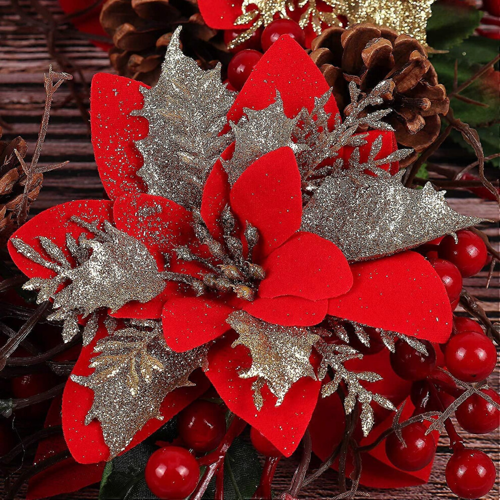 Konhill (As Show, One Size) Other Decoration For Christmas 10 Pcs Artificial Poinsettia Flowers Christmas Glitter Red Gold 15Cm Christmas Wreath Christmas Tre Red,Gold
