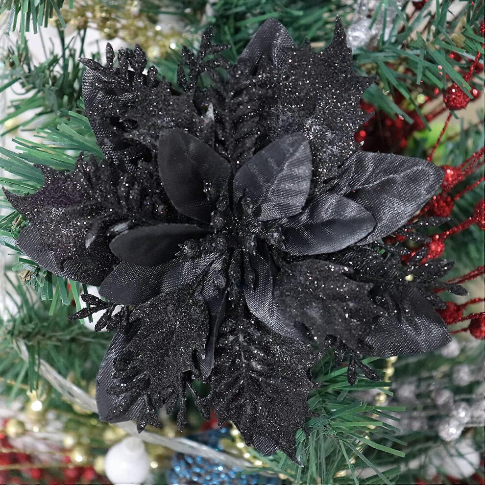 Konhill (As Show, One Size) 12 Pcs Poinsettia Artificial Christmas Flower Decorations With Clips And Stems Glitter Christmas Poinsettia Decorations For Christ