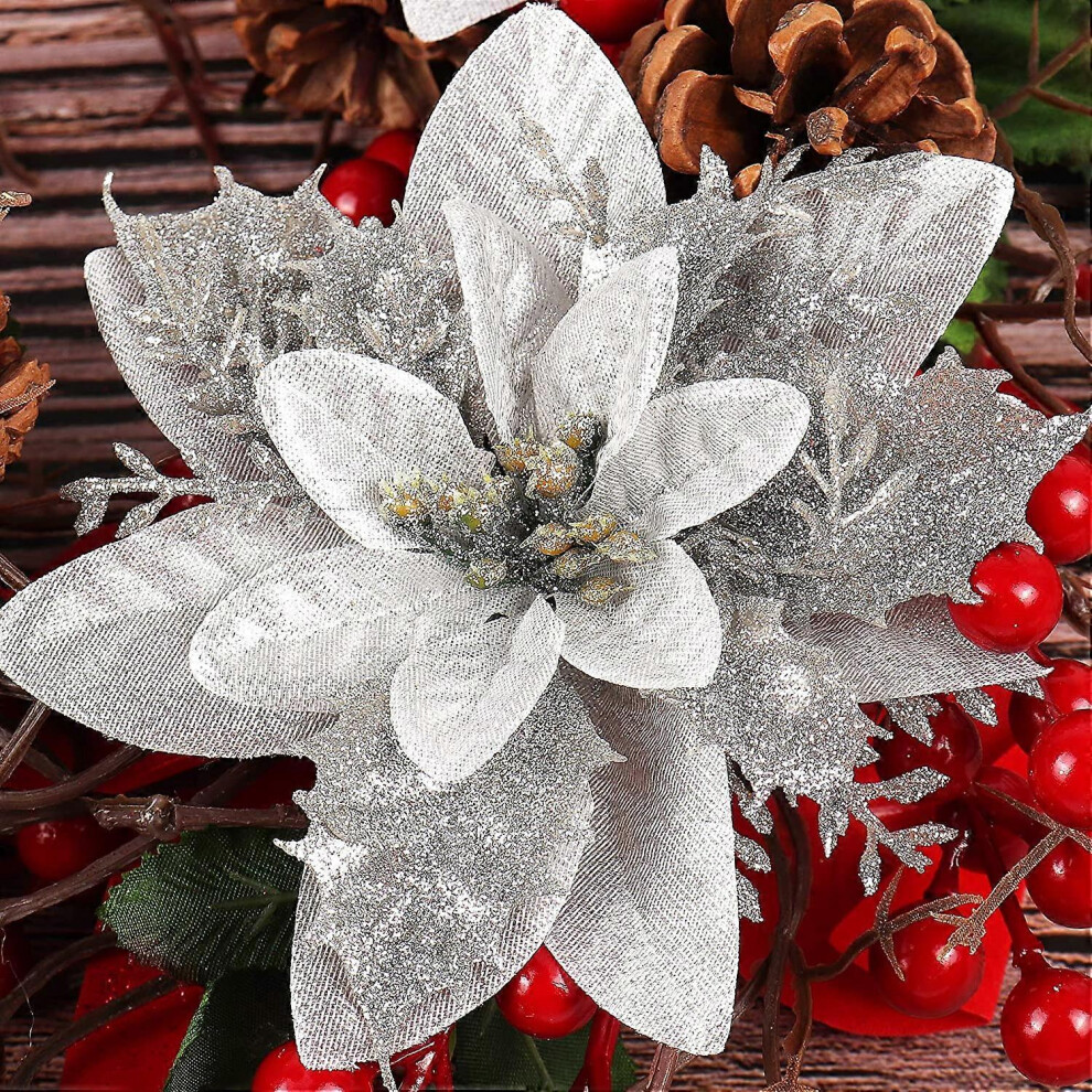 Konhill (As Show, One Size) Other Decoration For Christmas 10 Pcs Christmas Glitter Artificial Poinsettia Flowers 15Cm Christmas Wreath Christmas Tree Silver