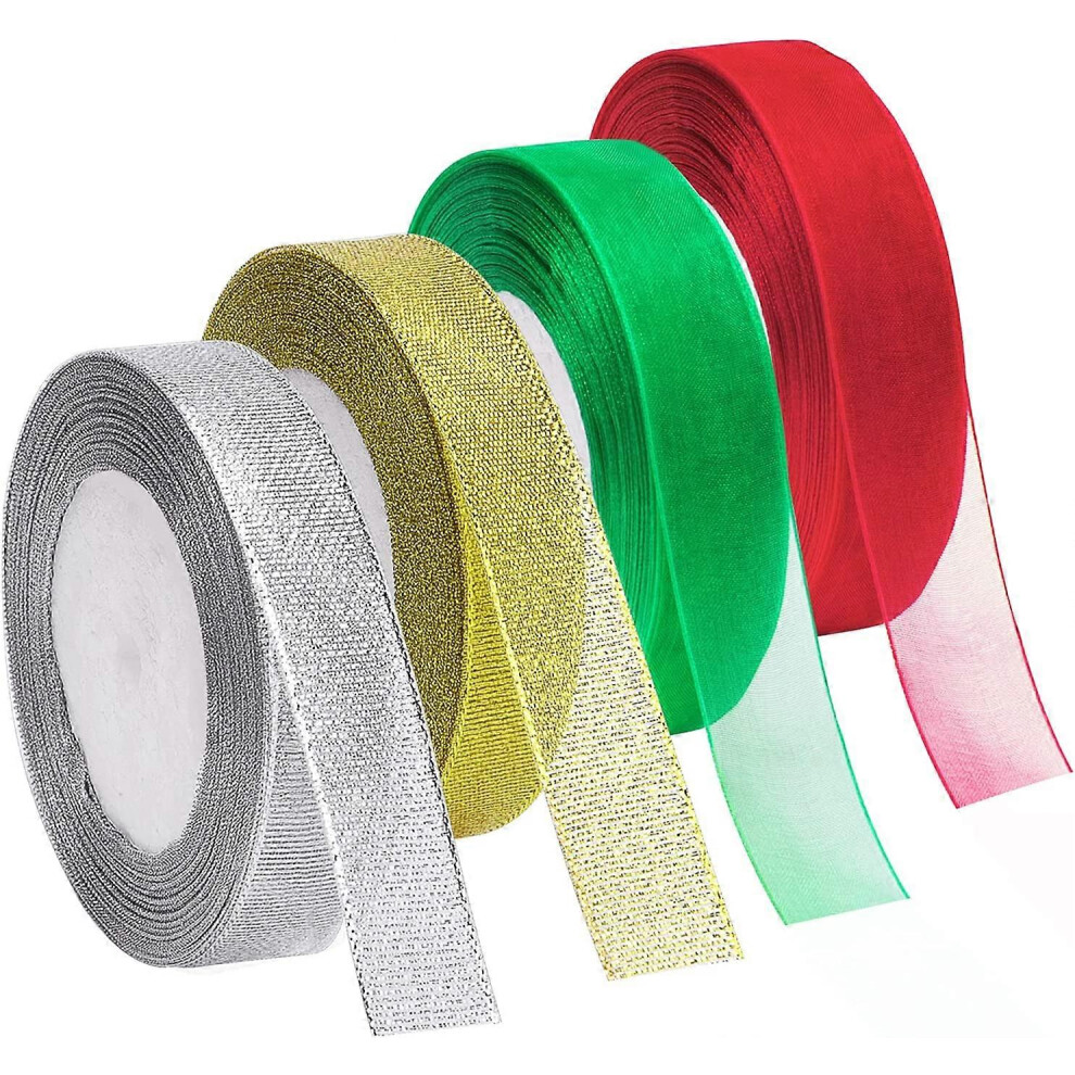 Konhill (As Show, One Size) 4 Rolls 4/5 Inch In Width Christmas Metallic Glitter Organza Ribbons Golden, Silvery, Red, Green Ribbon For Gift Wrapping, Christm Green,Red