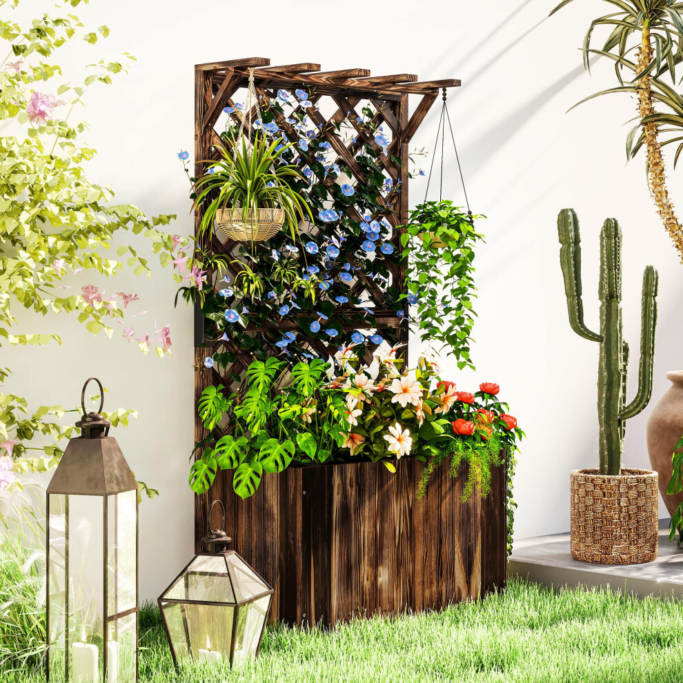 Outsunny Wooden Planter With Trellis And Drainage Holes, Carbonised