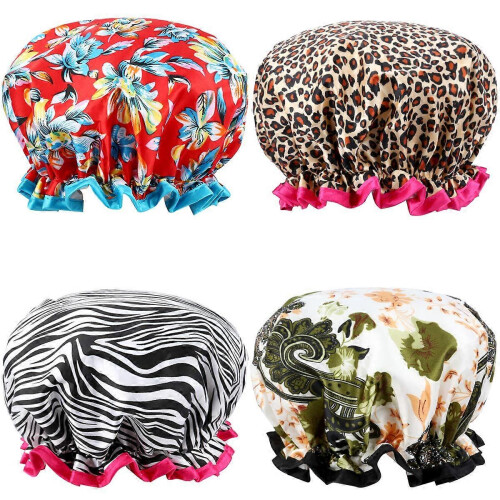(As show, One size) Shower Cap, 4 PACK Bath Cap Designed for Women Waterproof Double Layer