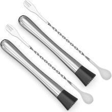 (As show, One size) 4PCS Stainless Steel Cocktail Muddler and Long Mixing Bar Spoon Set