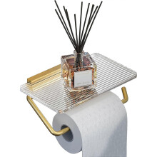 (As show, One size) Toilet Paper Holder with Shelf Wall Mount Bathroom Paper Roll Holder Rustproof Acrylic & Aluminum Toilet Tissue Holder Gold