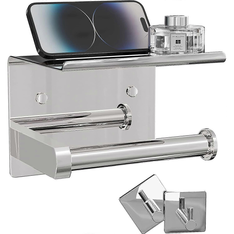 Konhill (As Show, One Size) Toilet Paper Holder With Phone Shelf + Towel Robe Hooks, Adhesive Or Screw Wall Mounted Toilet Paper Roll Storage, Stainless Steel