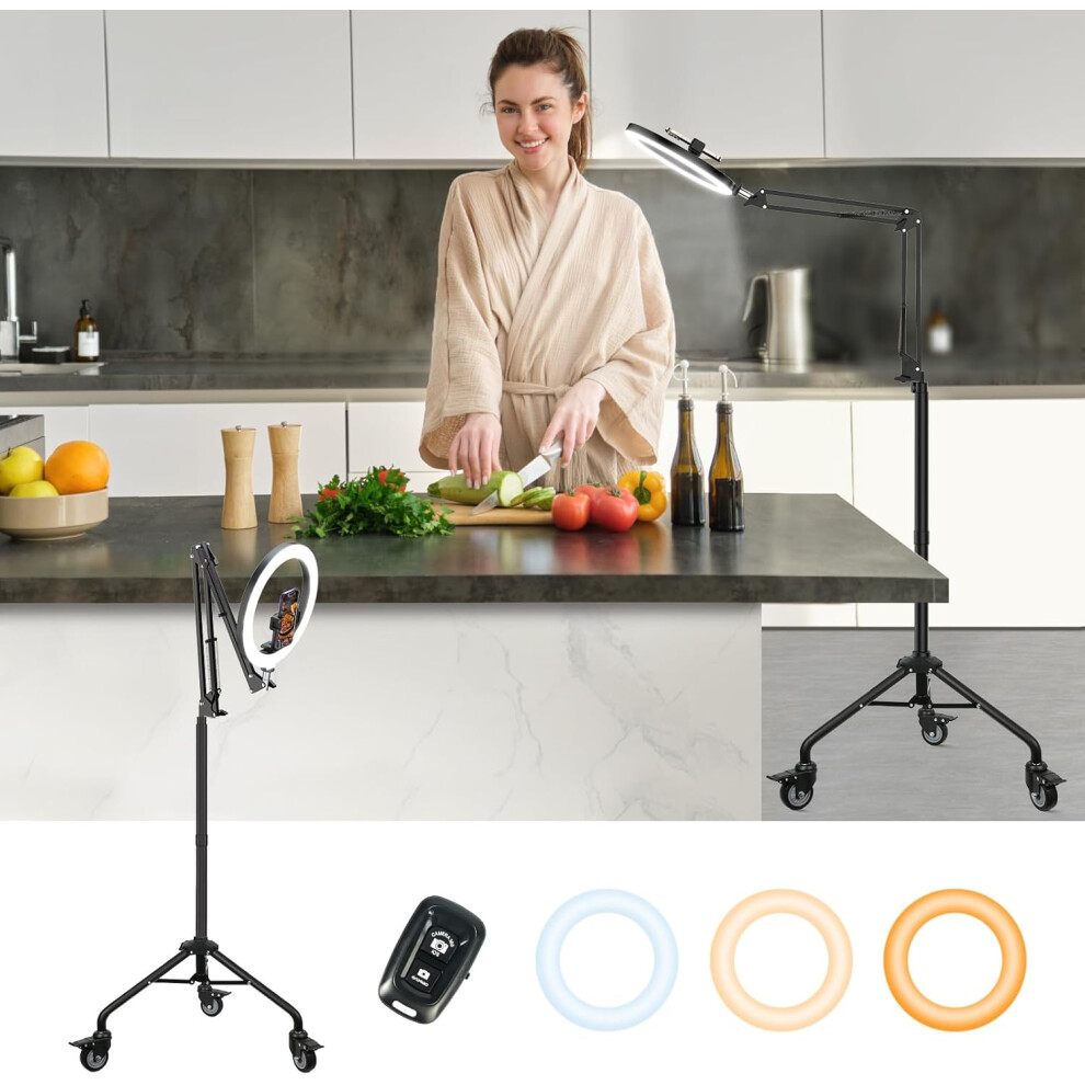 (Black-Floor) 10" Ring Light with Tripod and Phone Holder Height 175cm/69", Movable Overhead Phone Tripod with Casters
