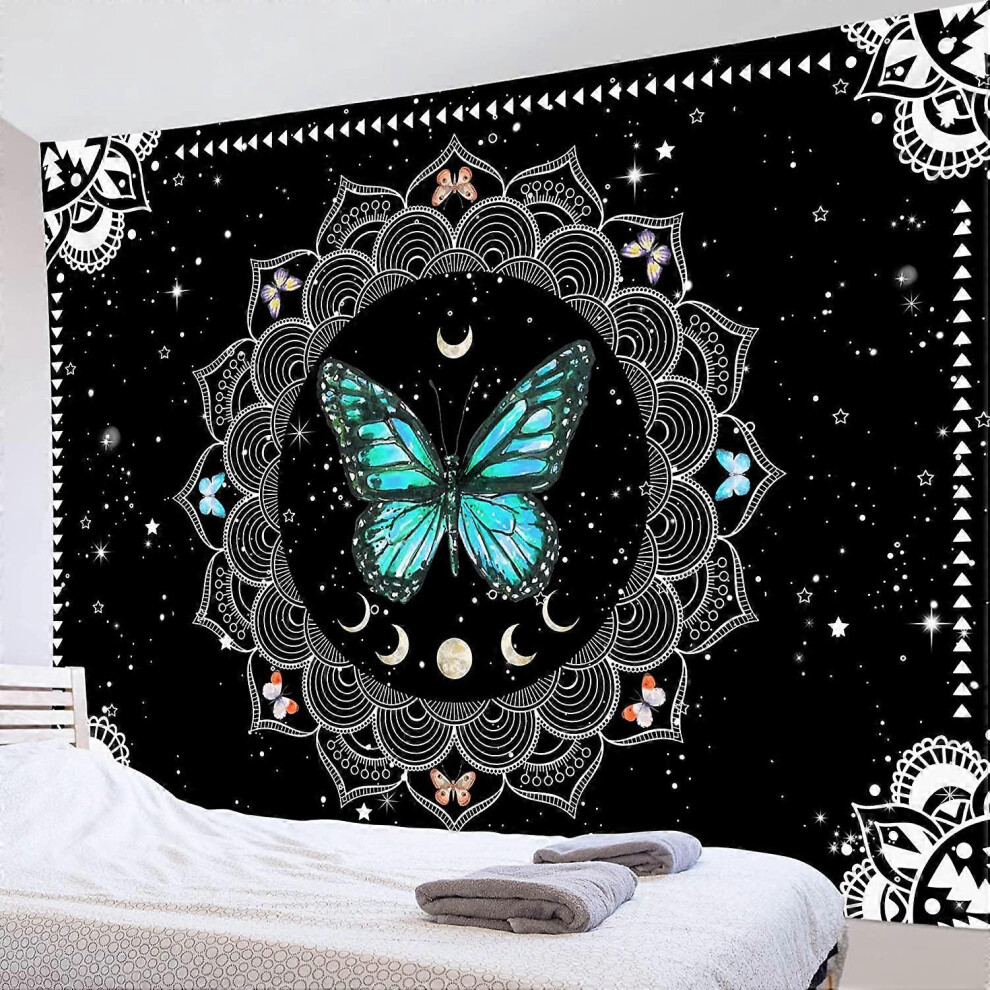 Konhill (As Show, One Size) Liangnv Butterfly Wall Tapestry Trippy Teal Butterfly Tapestries And Bohemian Mandala Wall Hanging Vintage Moon Phase Black/White
