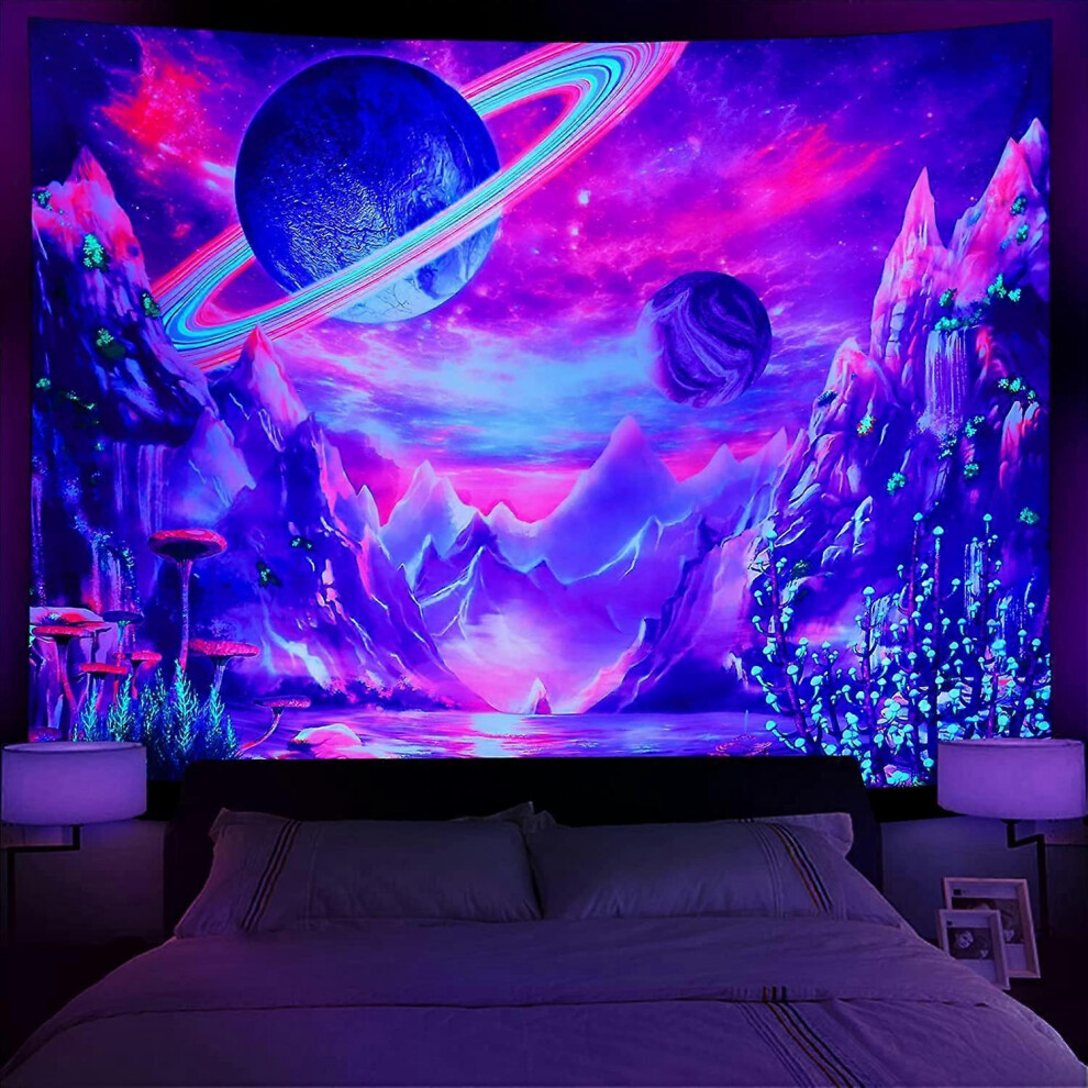 Konhill (As Show, One Size) Liangnv Planet Tapestry Uv Reactive Galaxy Space Tapestry Trippy Mountain Tapestry Tapestries Neon Aestheti Black/Light