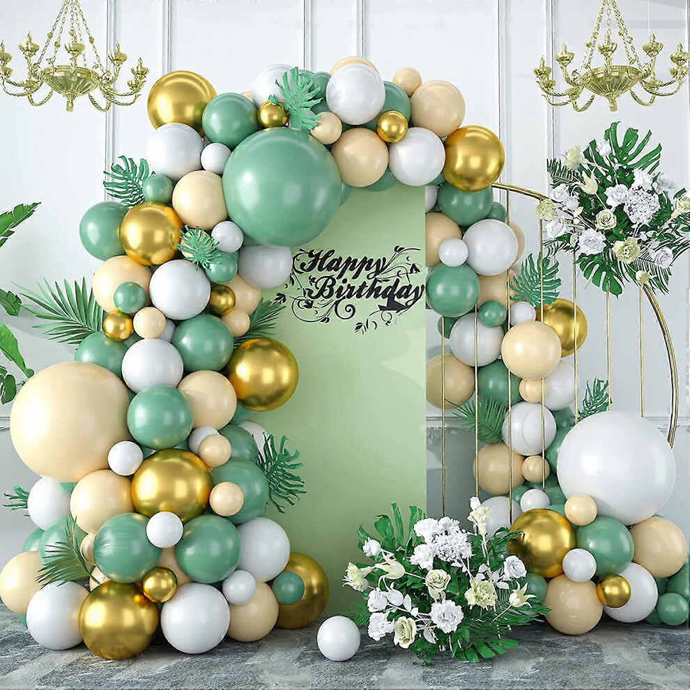 Konhill (As Show, One Size) Sage Green Balloon Arch Kit, 100 Pcs Green Gold Balloon Garland Kit With White Latex Balloons Apricot Party Balloons For Bridal We White,Green,Gold