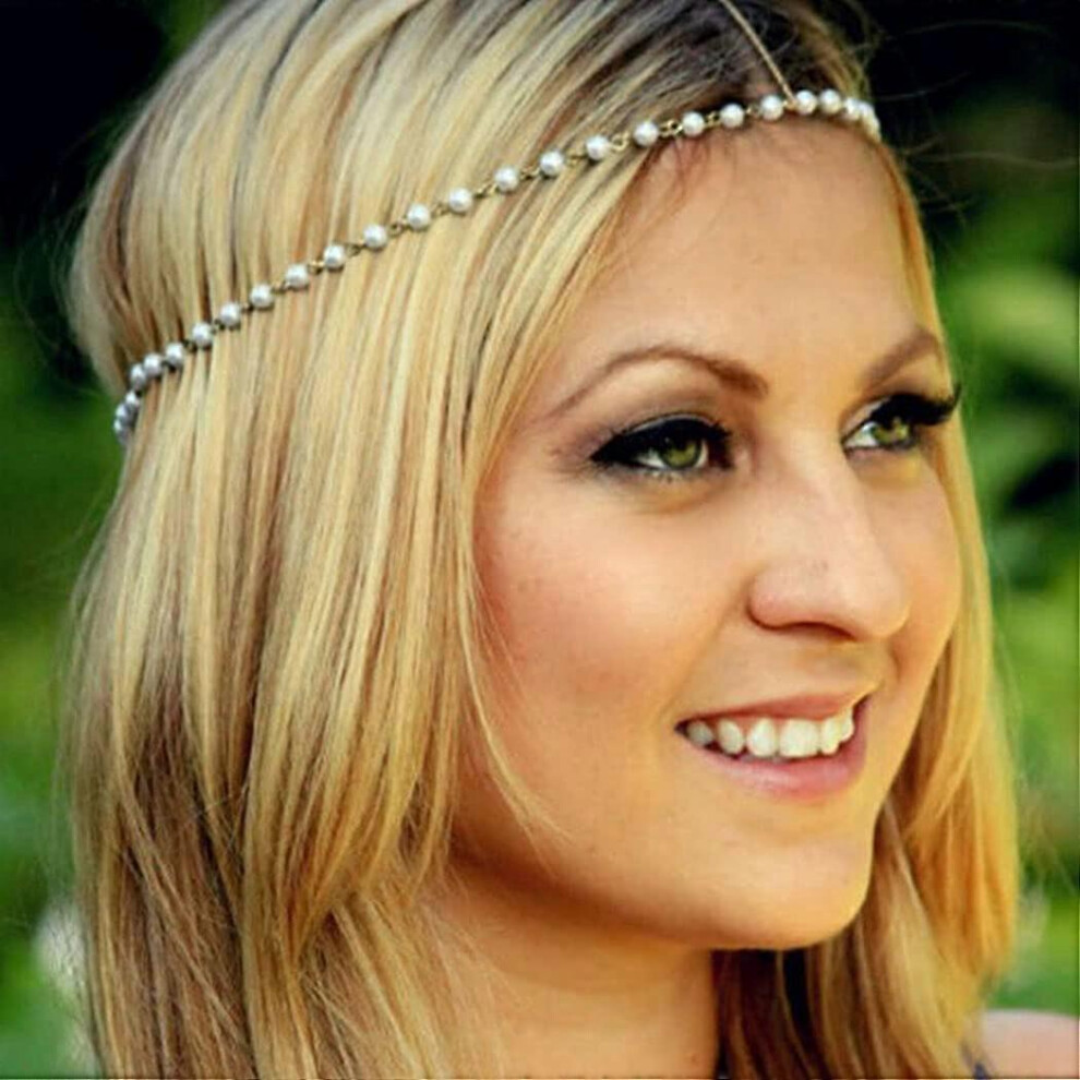 Konhill (As Show, One Size) Heread Boho Gold Head Chain Jewelry Pearl Hair Chains Headpiece Wedding Festival Prom Headband Hair Accessories For Women And Girl