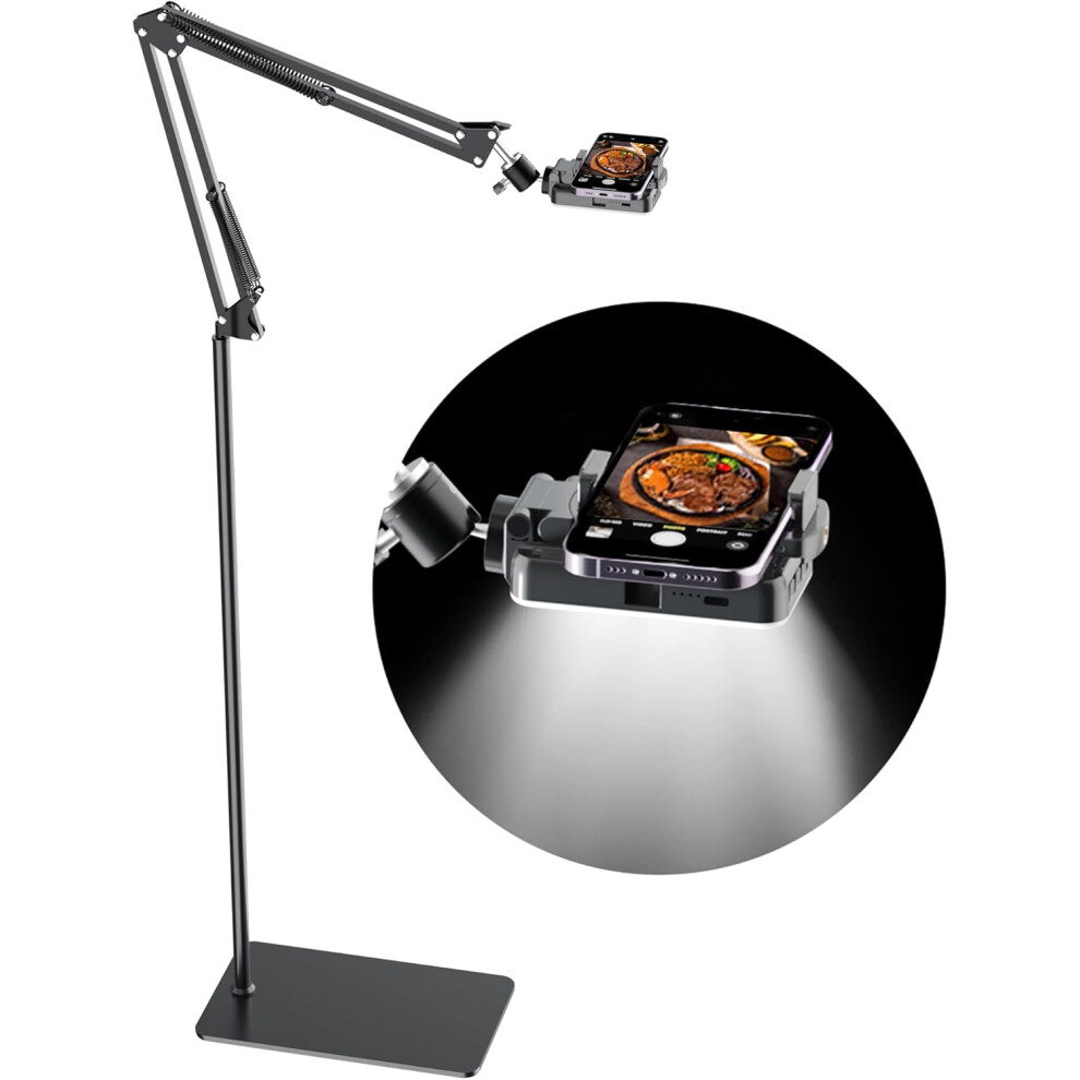 Overhead phone tripod for video recording with rechargeable light, removable floor phone stand with ring light